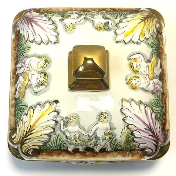 Vintage Handpainted Ceramic Alcobaca Portugal Lidded Dish Cherubs - Picture 5 of 15